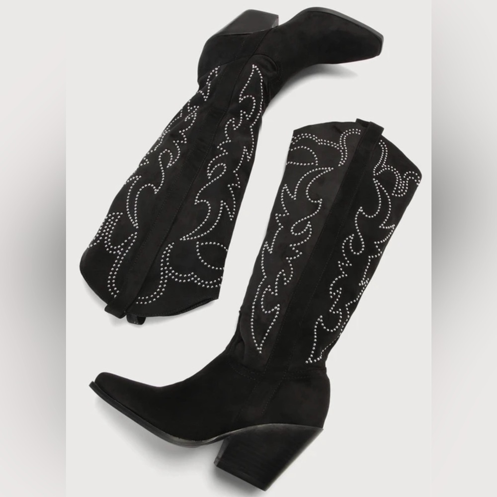 Celara Black Suede Knee High Studded Western Boots